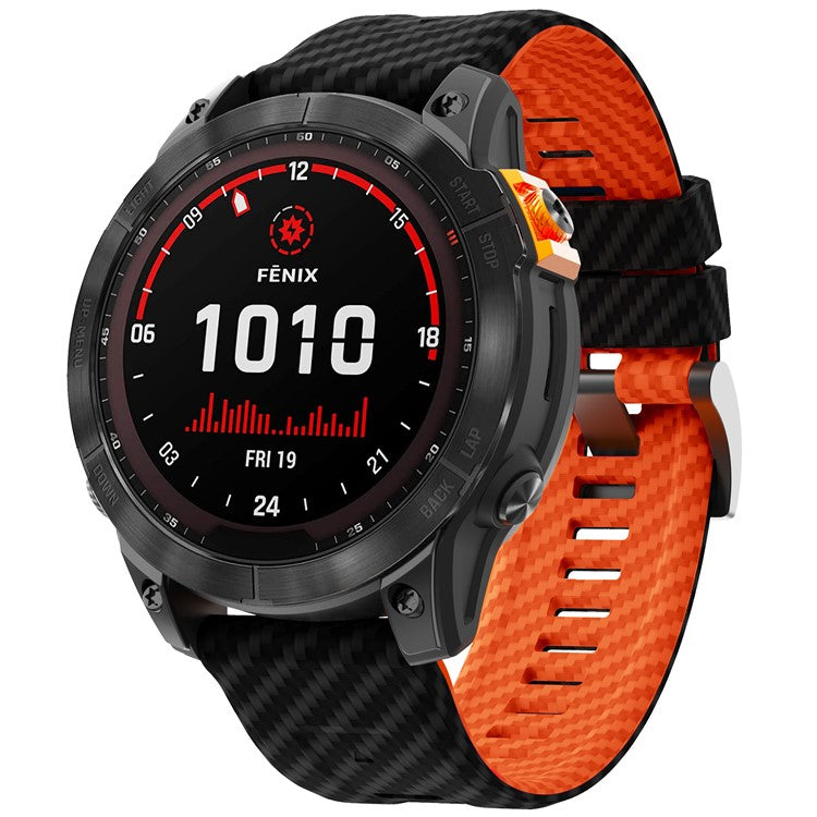 For Garmin Fenix 7 Quickfit 22mm Replacement Watch Strap Carbon Fiber Texture Silicone Band - Black+Orange
