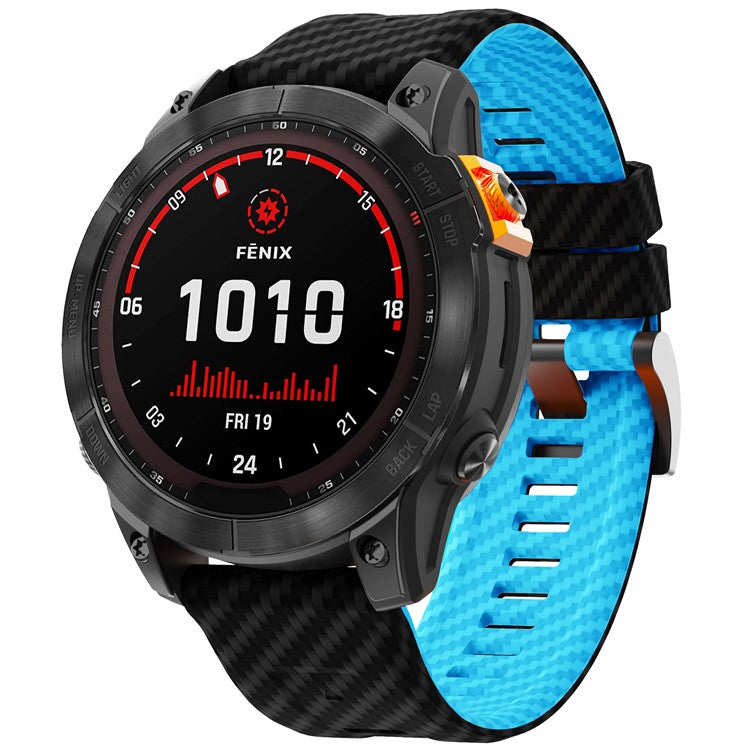 For Garmin Fenix 7 Quickfit 22mm Replacement Watch Strap Carbon Fiber Texture Silicone Band - Black+Sky Blue