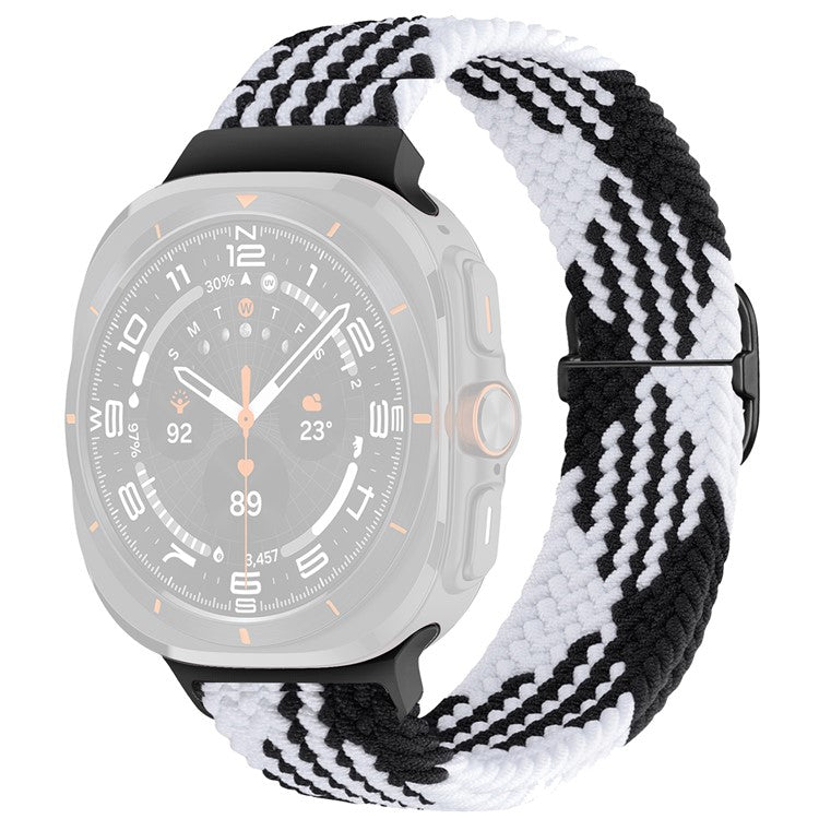 For Samsung Galaxy Watch Ultra 47mm Braided Watch Band Adjustable Nylon Replacement Strap - Black+White / Black Buckle