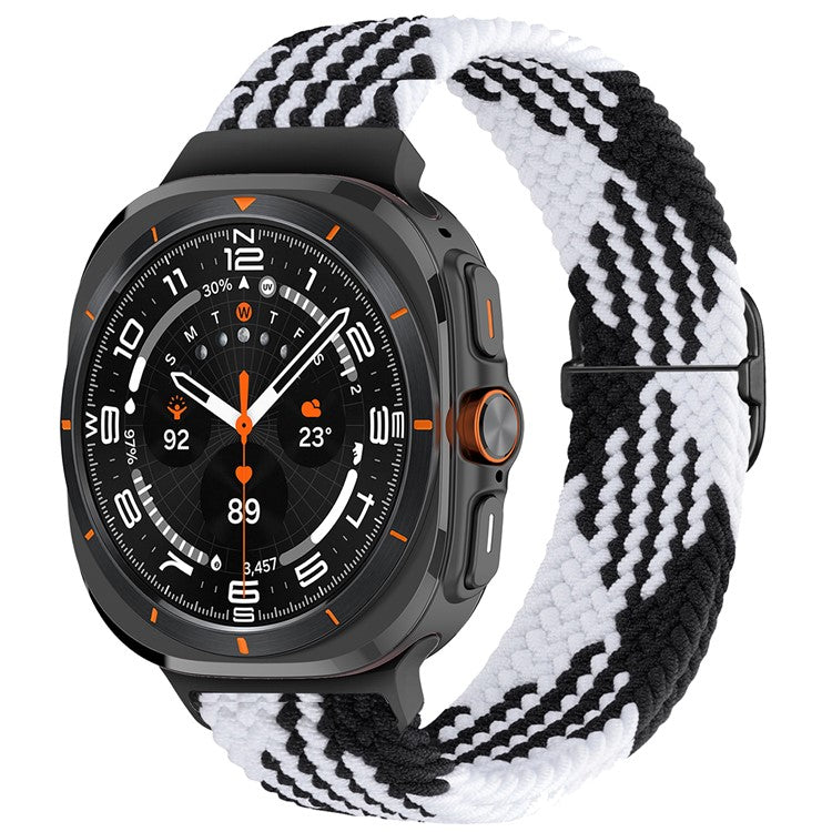For Samsung Galaxy Watch Ultra 47mm Braided Watch Band Adjustable Nylon Replacement Strap - Black+White / Black Buckle