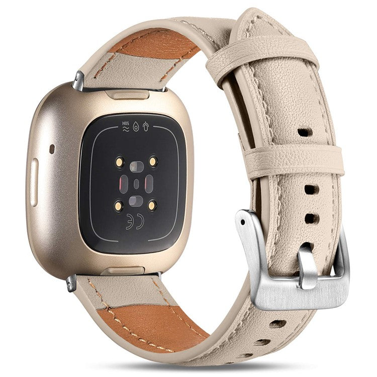 For Fitbit Versa 4 / Fitbit Sense 2 Watch Strap Genuine Cow Leather Wrist Band - Apricot