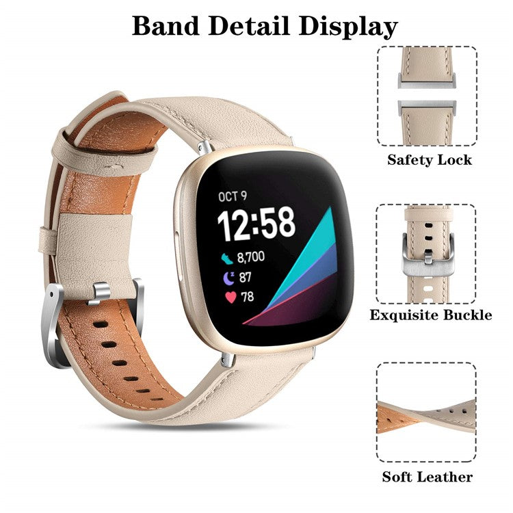 For Fitbit Versa 4 / Fitbit Sense 2 Watch Strap Genuine Cow Leather Wrist Band - Apricot