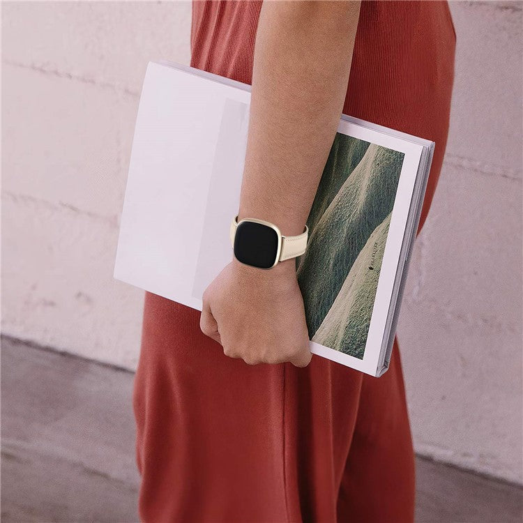 For Fitbit Versa 4 / Fitbit Sense 2 Watch Strap Genuine Cow Leather Wrist Band - Apricot