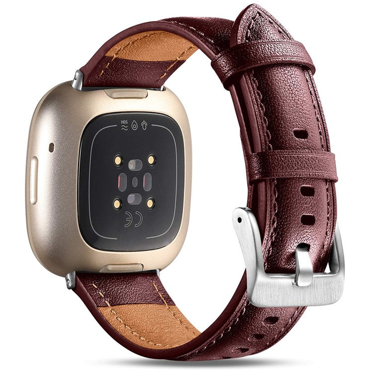 For Fitbit Versa 3 / Fitbit Sense Watch Strap Genuine Cow Leather Wrist Band - Wine Red