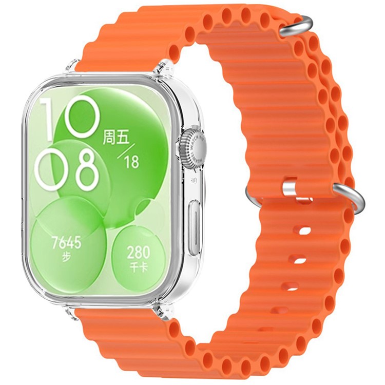 For Huawei Watch Fit 3 Silicone Strap Sports Watch Band with Transparent PC Case - Orange