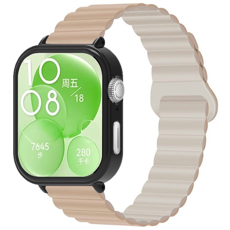 For Huawei Watch Fit 3 Silicone Strap Magnetic Watch Band with Black PC Watch Case - Milk Tea+Starlight