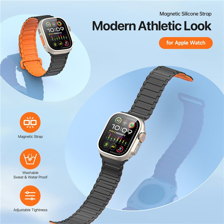 DUX DUCIS For Apple Watch 10 46mm / Ultra 2 / Ultra 49mm / 9 8 7 45mm / SE (2023) SE (2022) SE 6 5 4 44mm / 3 2 1 42mm Magnetic Silicone Band - Black+Orange