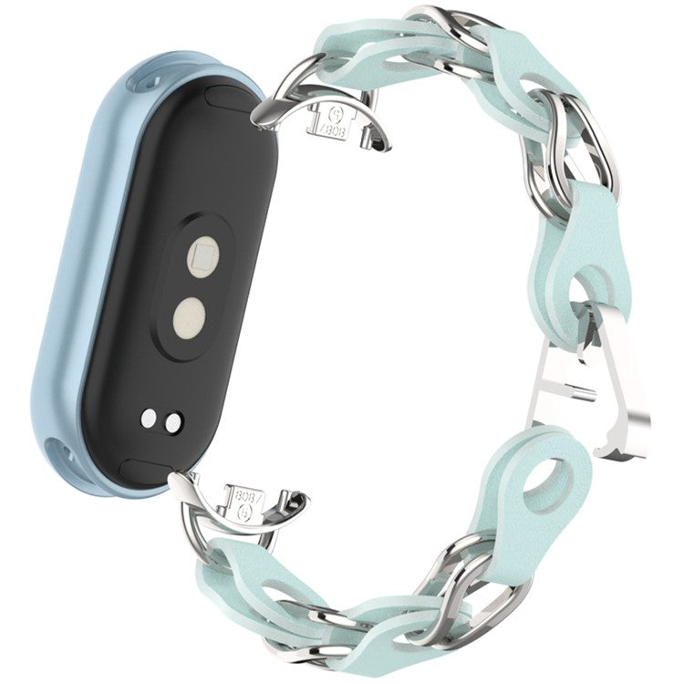 For Xiaomi Smart Band 9 / 8 Watch Band Fashion Hollow Out Zinc Alloy + Leather Chain Strap - Sky Blue