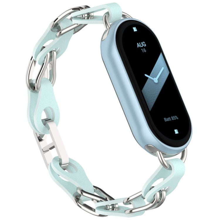 For Xiaomi Smart Band 9 / 8 Watch Band Fashion Hollow Out Zinc Alloy + Leather Chain Strap - Sky Blue