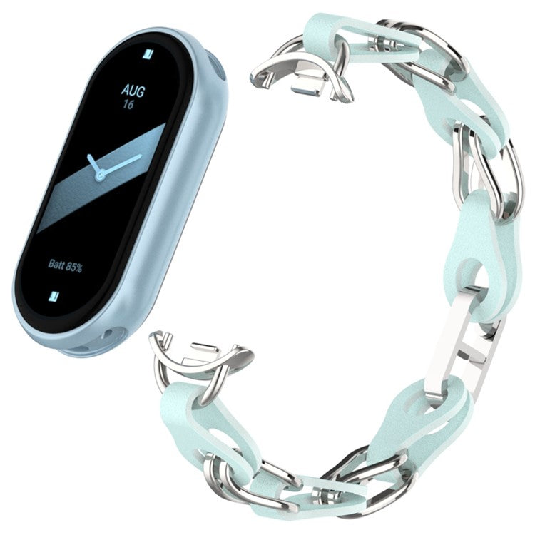 For Xiaomi Smart Band 9 / 8 Watch Band Fashion Hollow Out Zinc Alloy + Leather Chain Strap - Sky Blue