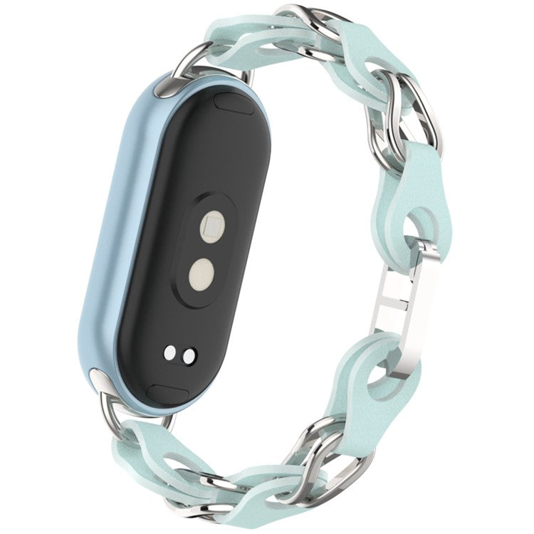For Xiaomi Smart Band 9 / 8 Watch Band Fashion Hollow Out Zinc Alloy + Leather Chain Strap - Sky Blue