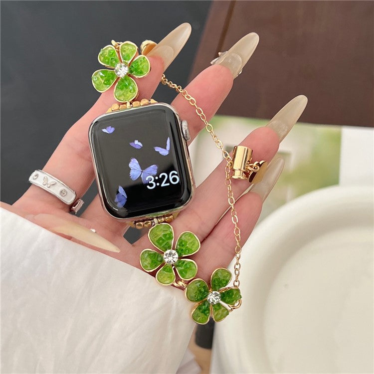 For Apple Watch Series 10 42mm / 9 8 7 41mm / SE (2023) SE (2022) SE 6 5 4 40mm / 3 2 1 38mm Flower Chain Strap Zinc Alloy Band - Green