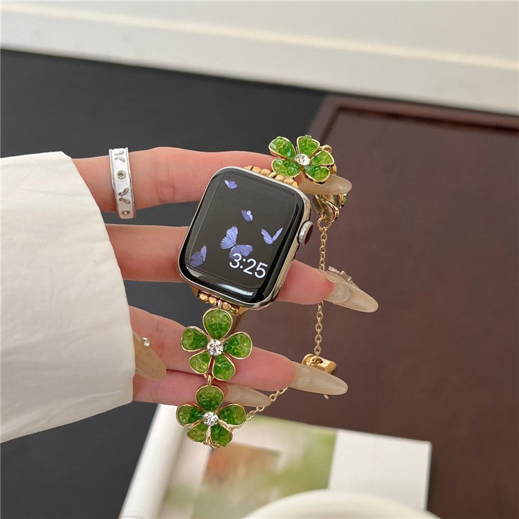 For Apple Watch Series 10 42mm / 9 8 7 41mm / SE (2023) SE (2022) SE 6 5 4 40mm / 3 2 1 38mm Flower Chain Strap Zinc Alloy Band - Green