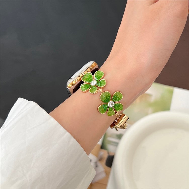 For Apple Watch Series 10 42mm / 9 8 7 41mm / SE (2023) SE (2022) SE 6 5 4 40mm / 3 2 1 38mm Flower Chain Strap Zinc Alloy Band - Green