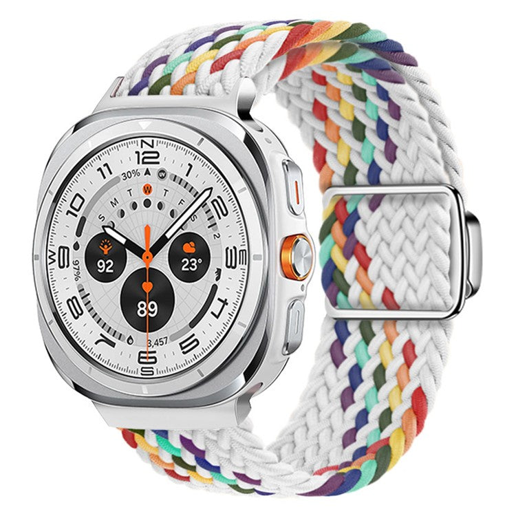 For Samsung Galaxy Watch Ultra 47mm Braided Watch Band Magnetic Wrist Strap - White Rainbow+Silver Buckle