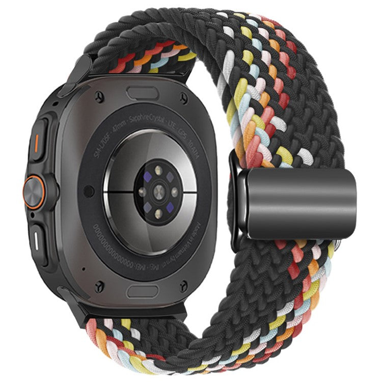 For Samsung Galaxy Watch Ultra 47mm Braided Watch Band Magnetic Wrist Strap - Black Rainbow+Black Buckle