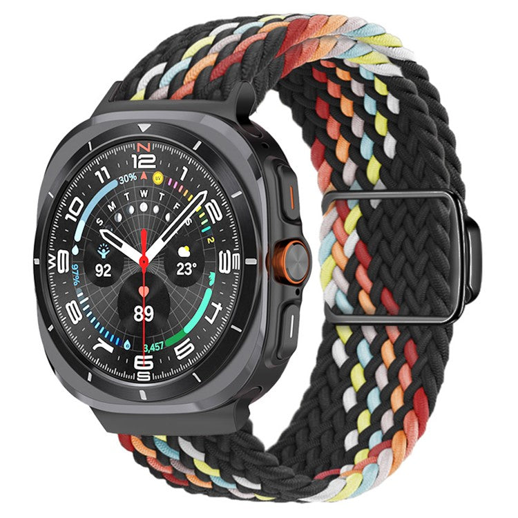 For Samsung Galaxy Watch Ultra 47mm Braided Watch Band Magnetic Wrist Strap - Black Rainbow+Black Buckle