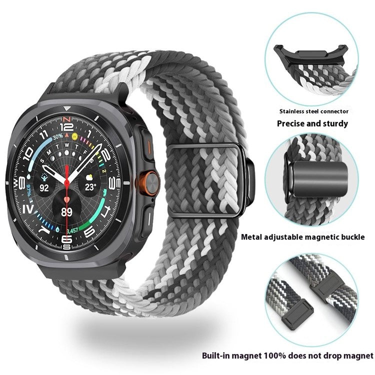 For Samsung Galaxy Watch Ultra 47mm Braided Watch Band Magnetic Wrist Strap - Black Rainbow+Black Buckle