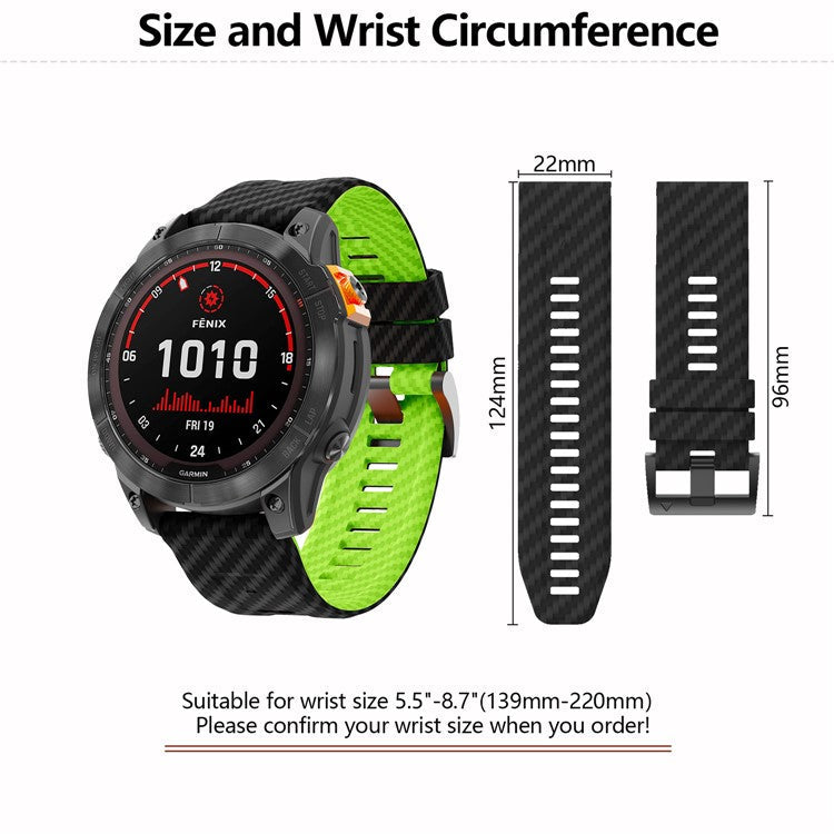 KALEBOL For Garmin Fenix 7 / 7 Pro / 6 / 6 Pro Silicone Watch Band Quickfit 22mm Carbon Fiber Texture Strap - Black+Lime