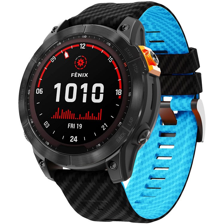 KALEBOL For Garmin Fenix 7 / 7 Pro / 6 / 6 Pro Silicone Watch Band QuickFit 22mm Carbon Fiber Texture Strap - Black+Sky Blue