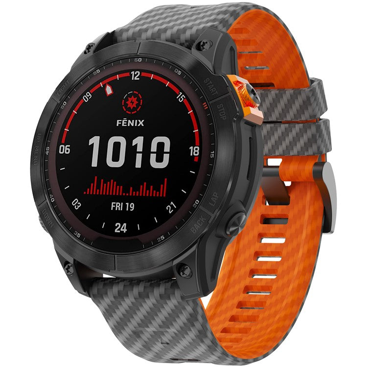 KALEBOL For Garmin Fenix 7 / 7 Pro / 6 / 6 Pro Silicone Watch Band QuickFit 22mm Carbon Fiber Texture Strap - Space Grey+Orange