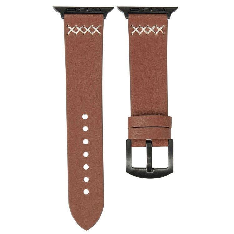 KALEBOL For Apple Watch 10 46mm / Ultra 2 / Ultra 49mm / 9 8 7 45mm / SE (2023) SE (2022) SE 6 5 4 44mm / 3 2 1 42mm Cross-Stitch Leather Strap - Brown
