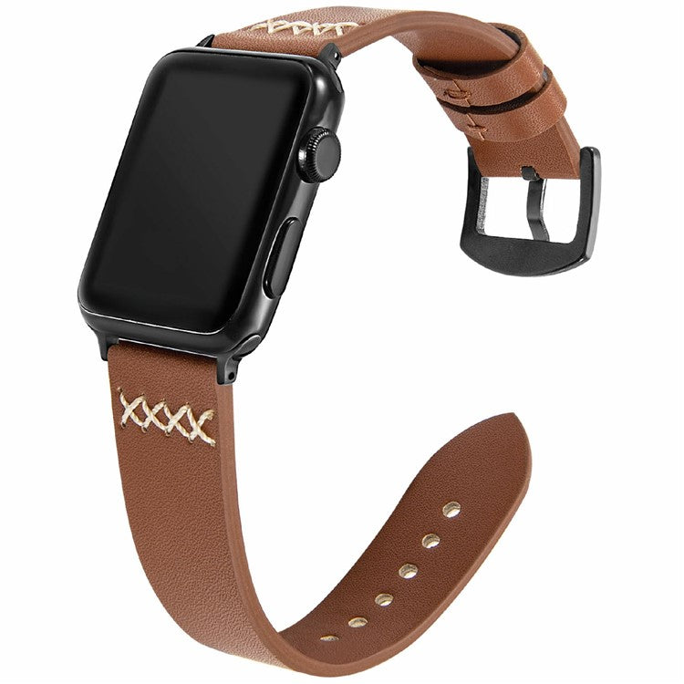 KALEBOL For Apple Watch 10 46mm / Ultra 2 / Ultra 49mm / 9 8 7 45mm / SE (2023) SE (2022) SE 6 5 4 44mm / 3 2 1 42mm Cross-Stitch Leather Strap - Brown