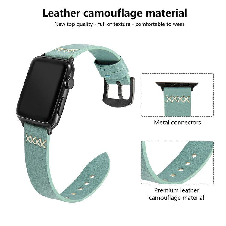 KALEBOL For Apple Watch 10 46mm / Ultra 2 / Ultra 49mm / 9 8 7 45mm / SE (2023) SE (2022) SE 6 5 4 44mm / 3 2 1 42mm Cross-Stitch Leather Strap - Brown