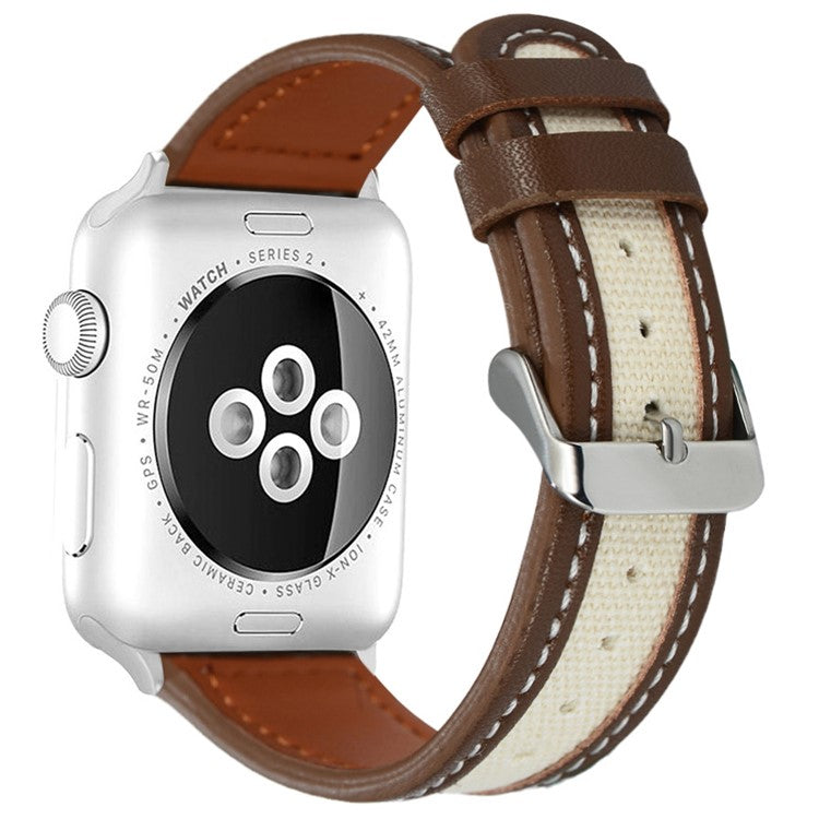 KALEBOL For Apple Watch Series 10 42mm / 9 8 7 41mm / SE (2023) SE (2022) SE 6 5 4 40mm / 3 2 1 38mm Genuine Cow Leather Strap - Tan+White