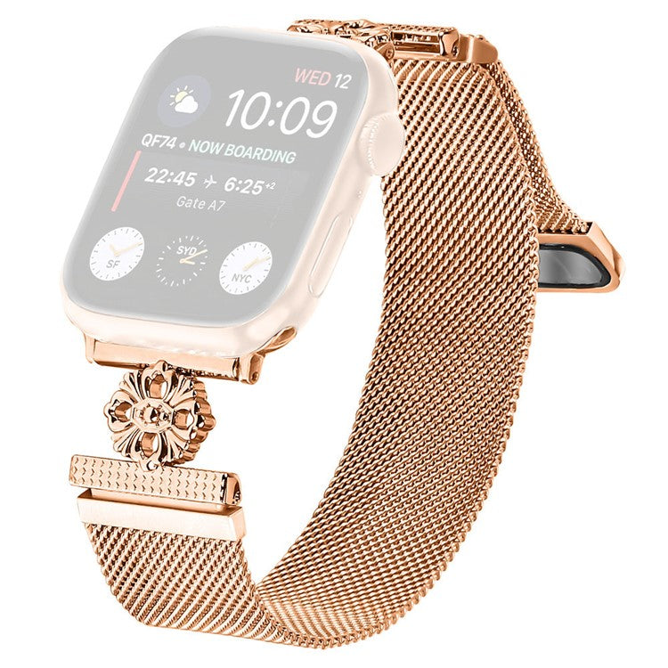 For Apple Watch Series 10 42mm / 9 8 7 41mm / SE (2023) SE (2022) SE 6 5 4 40mm / 3 2 1 38mm Band Flower Stainless Steel Magnetic Strap - Rose Gold