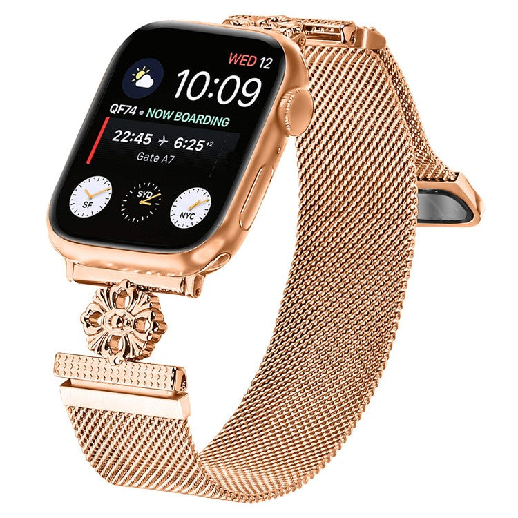 For Apple Watch Series 10 42mm / 9 8 7 41mm / SE (2023) SE (2022) SE 6 5 4 40mm / 3 2 1 38mm Band Flower Stainless Steel Magnetic Strap - Rose Gold