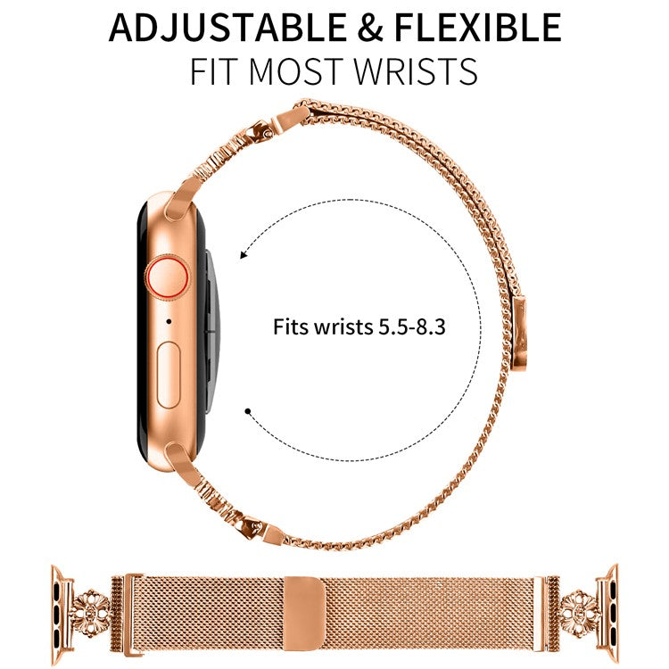 For Apple Watch Series 10 42mm / 9 8 7 41mm / SE (2023) SE (2022) SE 6 5 4 40mm / 3 2 1 38mm Band Flower Stainless Steel Magnetic Strap - Rose Gold