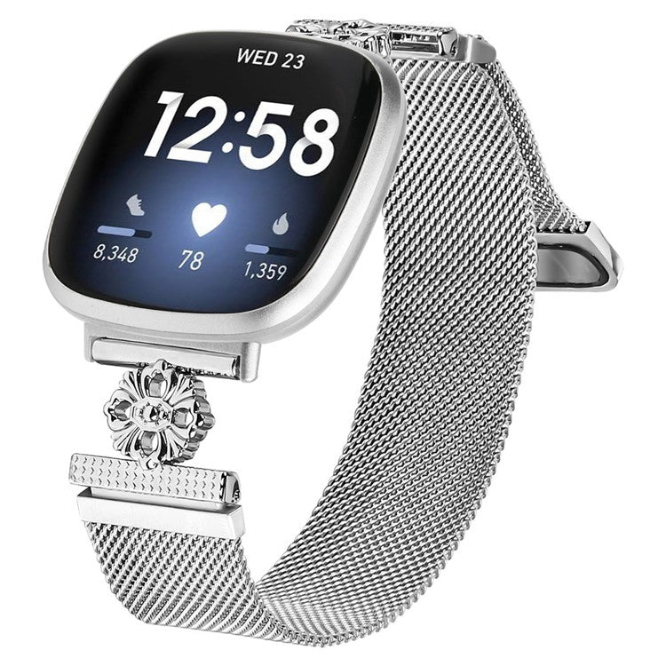 For Fitbit Versa 3 / Sense Milanese Band Flower Stainless Steel Magnetic Mesh Watch Strap - Silver