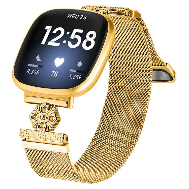 For Fitbit Versa 3 / Sense Milanese Band Flower Stainless Steel Magnetic Mesh Watch Strap - Gold