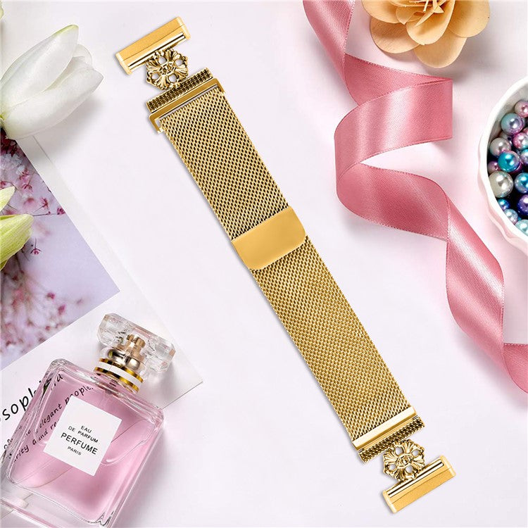 For Fitbit Versa 3 / Sense Milanese Band Flower Stainless Steel Magnetic Mesh Watch Strap - Gold