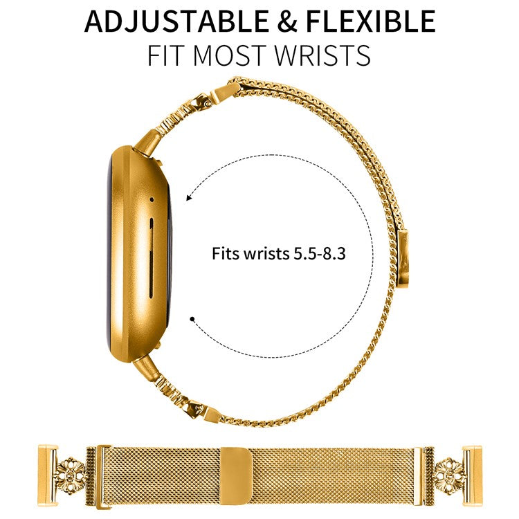 For Fitbit Versa 3 / Sense Milanese Band Flower Stainless Steel Magnetic Mesh Watch Strap - Gold