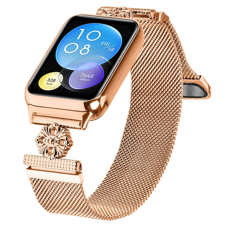 For Xiaomi Redmi Watch 4 Milanese Band Flower Stainless Steel Magnetic Mesh Watch Strap - Rose Gold