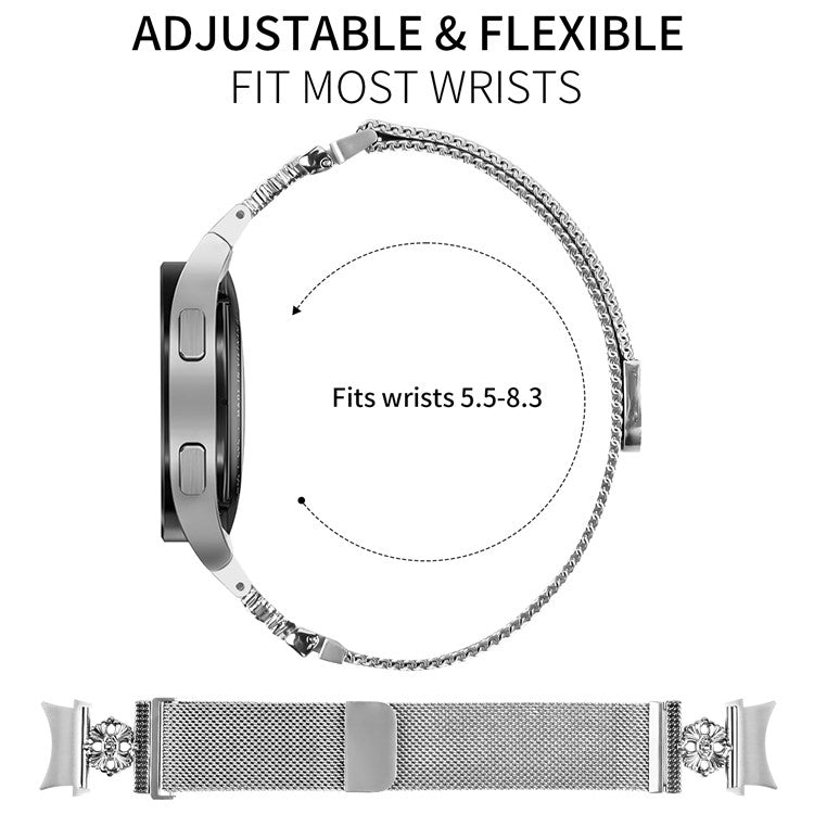 For Samsung Galaxy Watch 5 Pro / Watch 5 / Watch4 Milanese Watch Band Flower Stainless Steel Strap with Connector - Silver