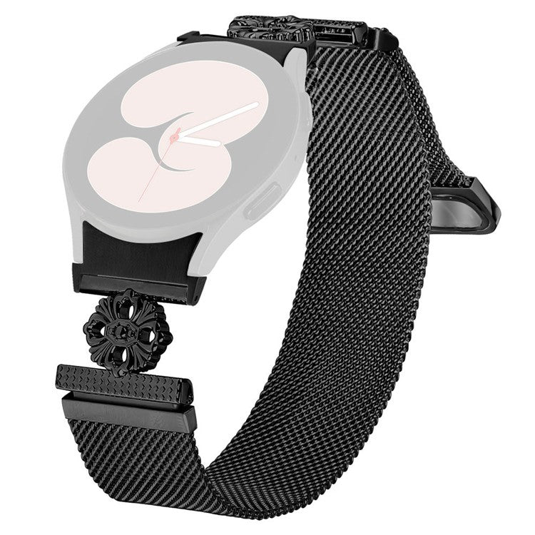 For Samsung Galaxy Watch 5 Pro / Watch 5 / Watch4 Milanese Watch Band Flower Stainless Steel Strap with Connector - Black