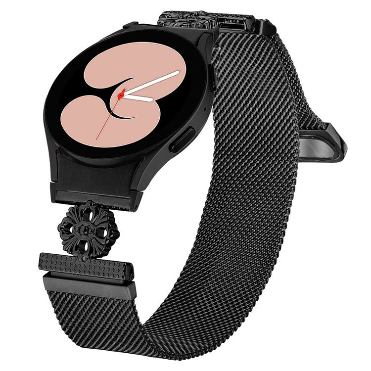 For Samsung Galaxy Watch 5 Pro / Watch 5 / Watch4 Milanese Watch Band Flower Stainless Steel Strap with Connector - Black