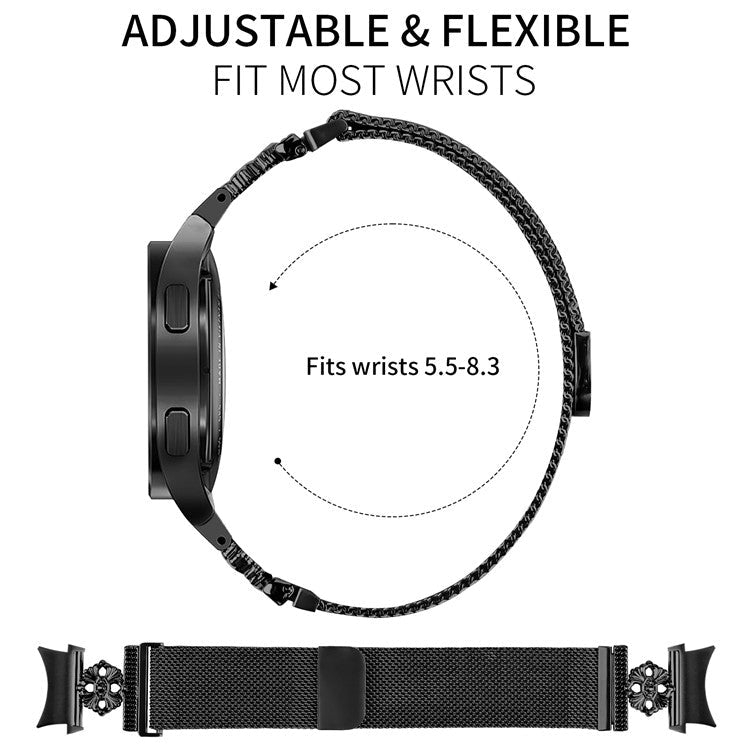 For Samsung Galaxy Watch 5 Pro / Watch 5 / Watch4 Milanese Watch Band Flower Stainless Steel Strap with Connector - Black