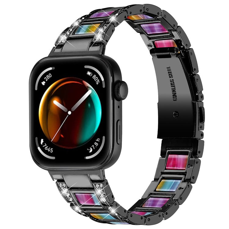 For Huawei Watch Fit 3 Metal Alloy Watch Band Rhinestones Resin Wristband Bracelet - Black+Rainbow