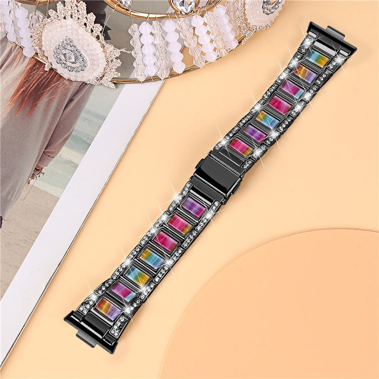 For Huawei Watch Fit 3 Metal Alloy Watch Band Rhinestones Resin Wristband Bracelet - Black+Rainbow