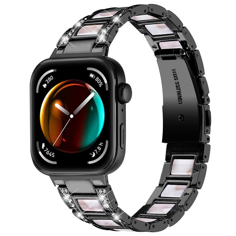 For Huawei Watch Fit 3 Metal Alloy Watch Band Rhinestones Resin Wristband Bracelet - Black+Pink Mix