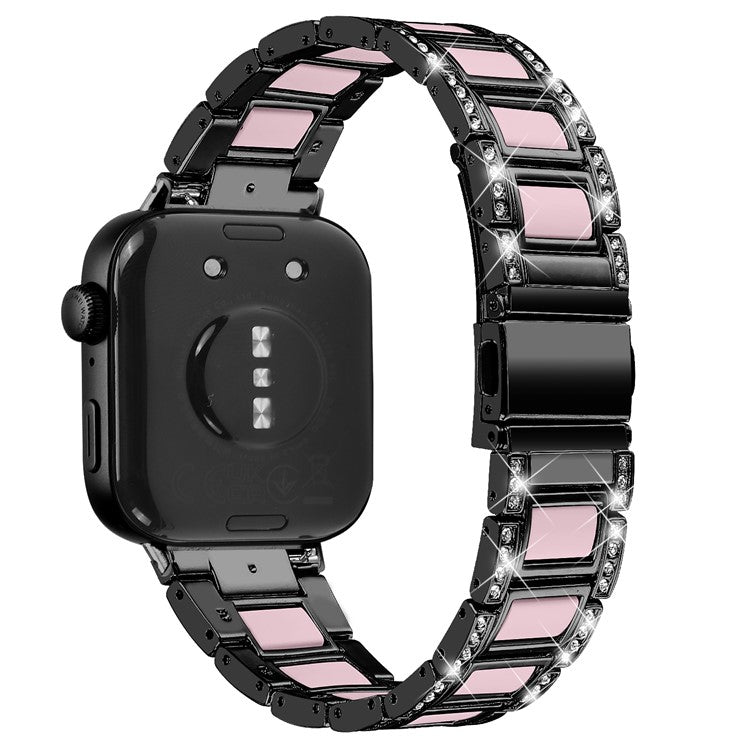 For Huawei Watch Fit 3 Metal Alloy Watch Band Rhinestones Resin Wristband Bracelet - Black+Pink