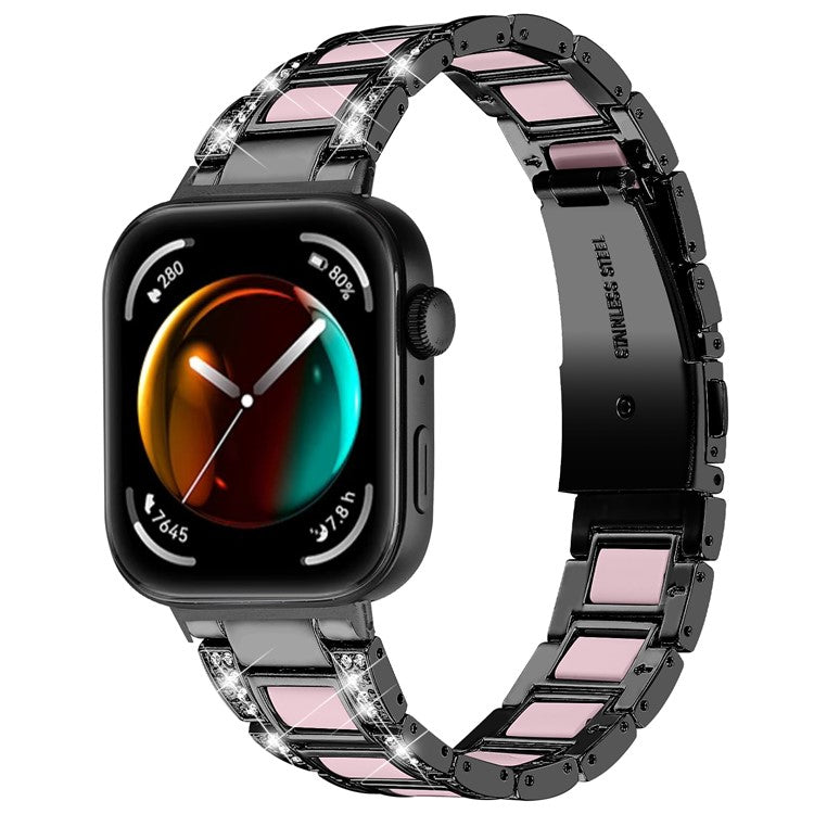 For Huawei Watch Fit 3 Metal Alloy Watch Band Rhinestones Resin Wristband Bracelet - Black+Pink