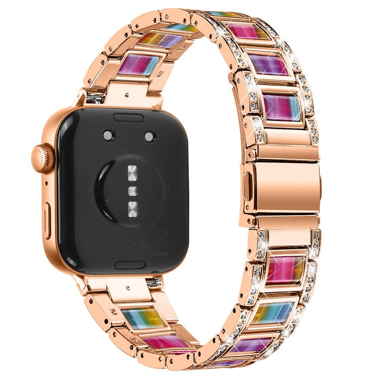 For Huawei Watch Fit 3 Metal Alloy Watch Band Rhinestones Resin Wristband Bracelet - Rose Gold+Rainbow