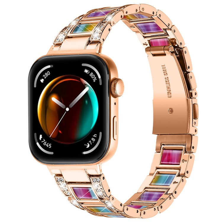For Huawei Watch Fit 3 Metal Alloy Watch Band Rhinestones Resin Wristband Bracelet - Rose Gold+Rainbow