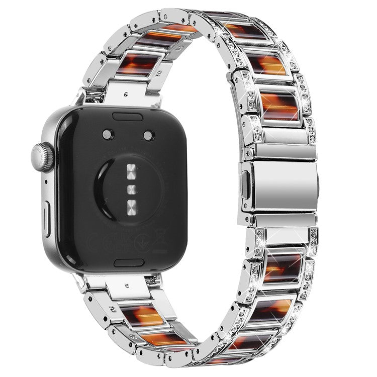 For Huawei Watch Fit 3 Metal Alloy Watch Band Rhinestones Resin Wristband Bracelet - Silver+Tortoiseshell Color