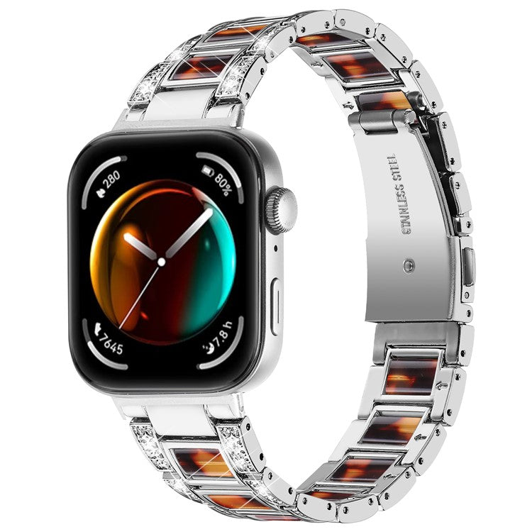 For Huawei Watch Fit 3 Metal Alloy Watch Band Rhinestones Resin Wristband Bracelet - Silver+Tortoiseshell Color